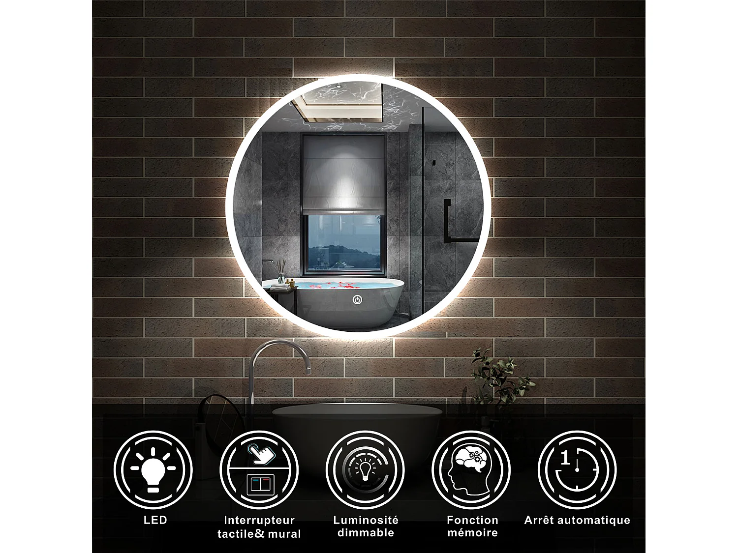 Ensemble meuble vasque L.60cm 2 tiroirs + lavabo + LED miroir rond 60cm,anthracite,modèle A