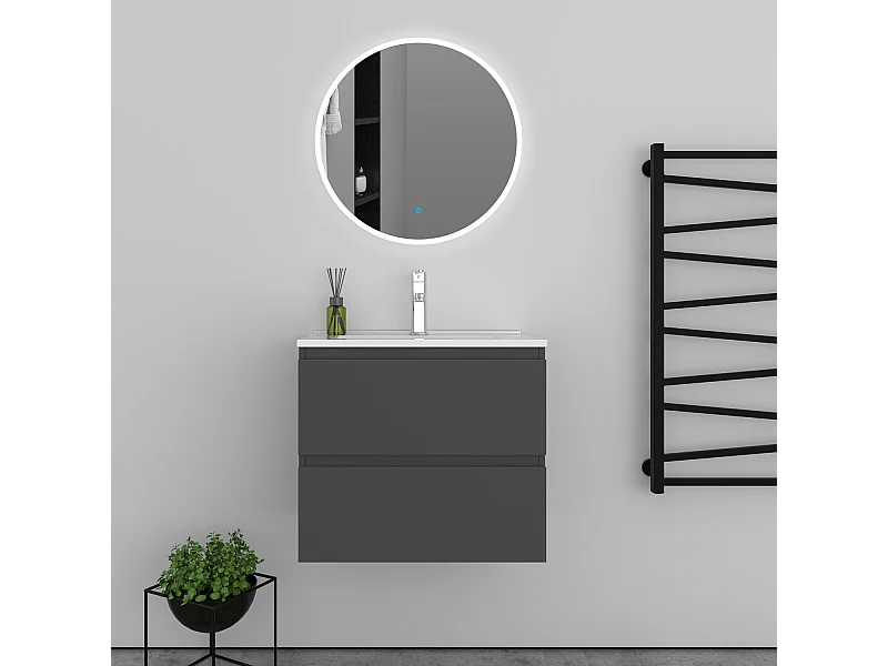 Ensemble meuble vasque L.60cm 2 tiroirs + lavabo + LED miroir rond 60cm,anthracite,modèle A