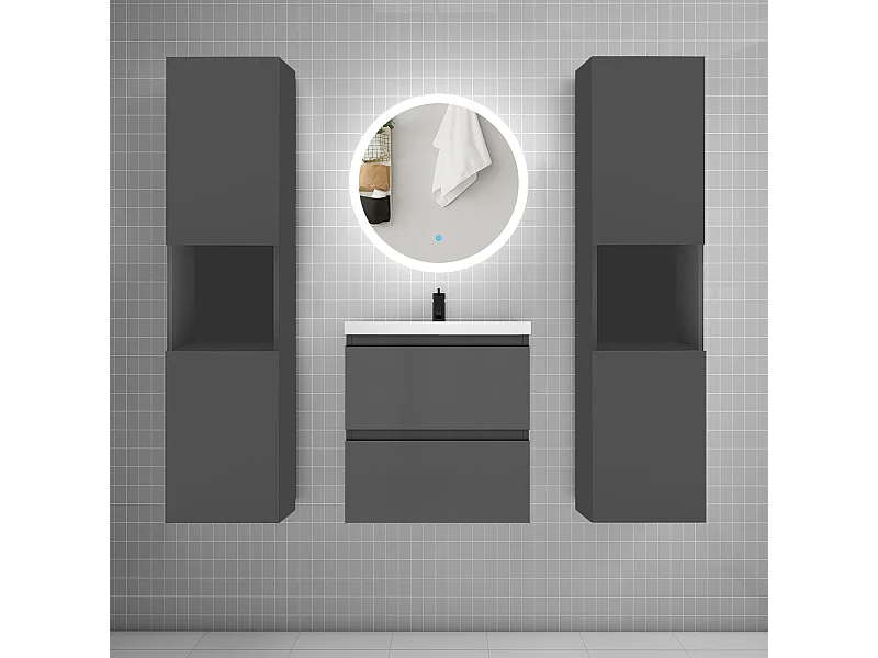 AICA Ensemble meuble de salle de bain Vasque 50cm + 2 tiroirs + lavabo + LED Miroir Rond 60cm + 2*Colonne, Anthracite