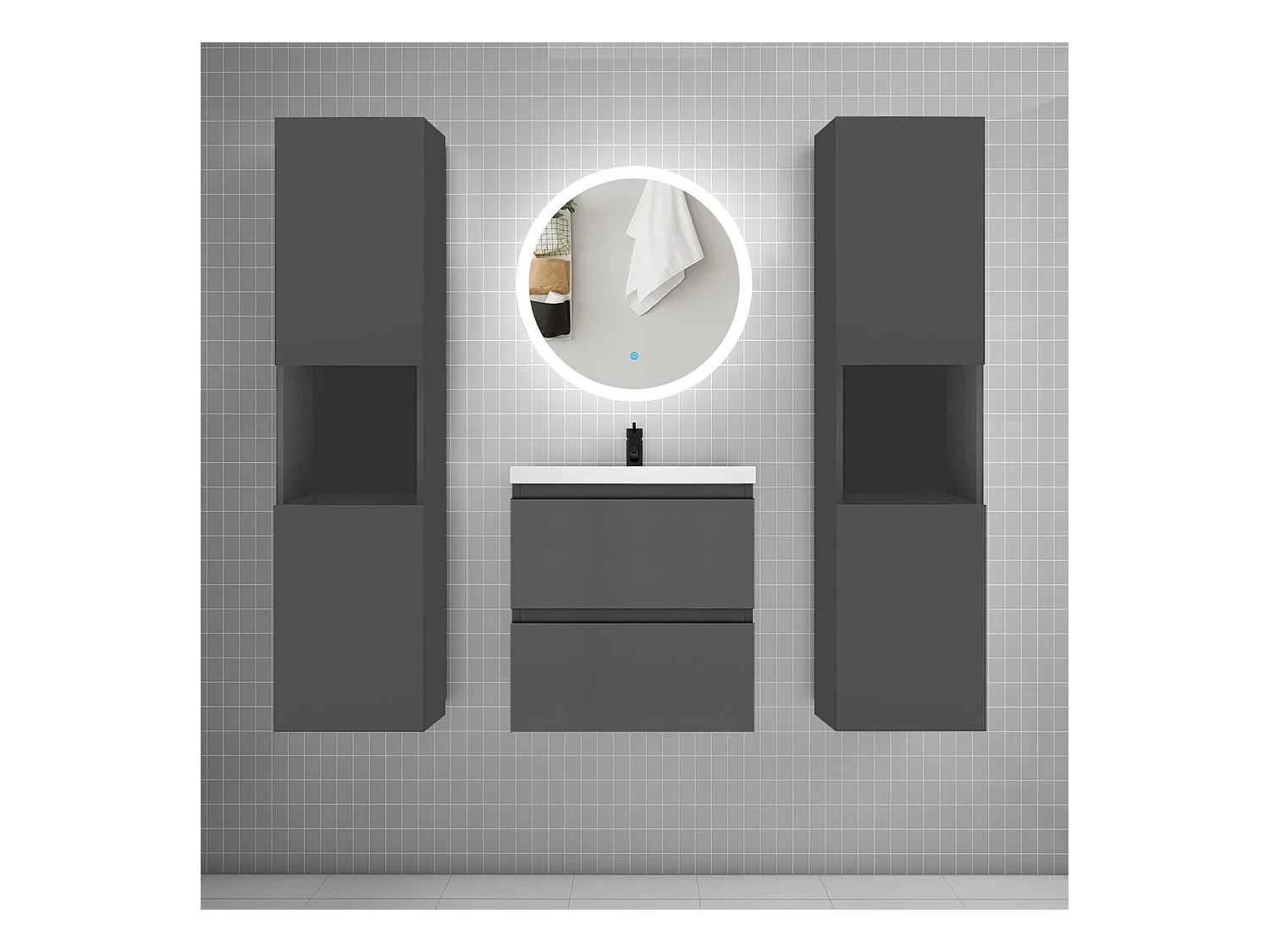 AICA Ensemble meuble de salle de bain Vasque 50cm + 2 tiroirs + lavabo + LED Miroir Rond 60cm + 2*Colonne, Anthracite