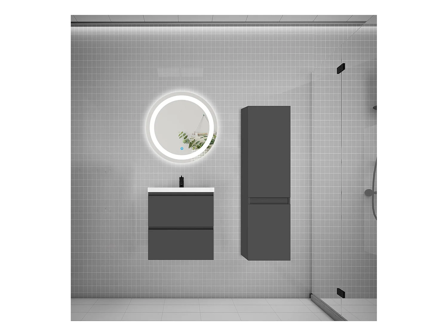 AICA Ensemble meuble de salle de bain Vasque 50cm + 2 tiroirs + lavabo + LED Miroir Rond 60cm + Colonne, Anthracite
