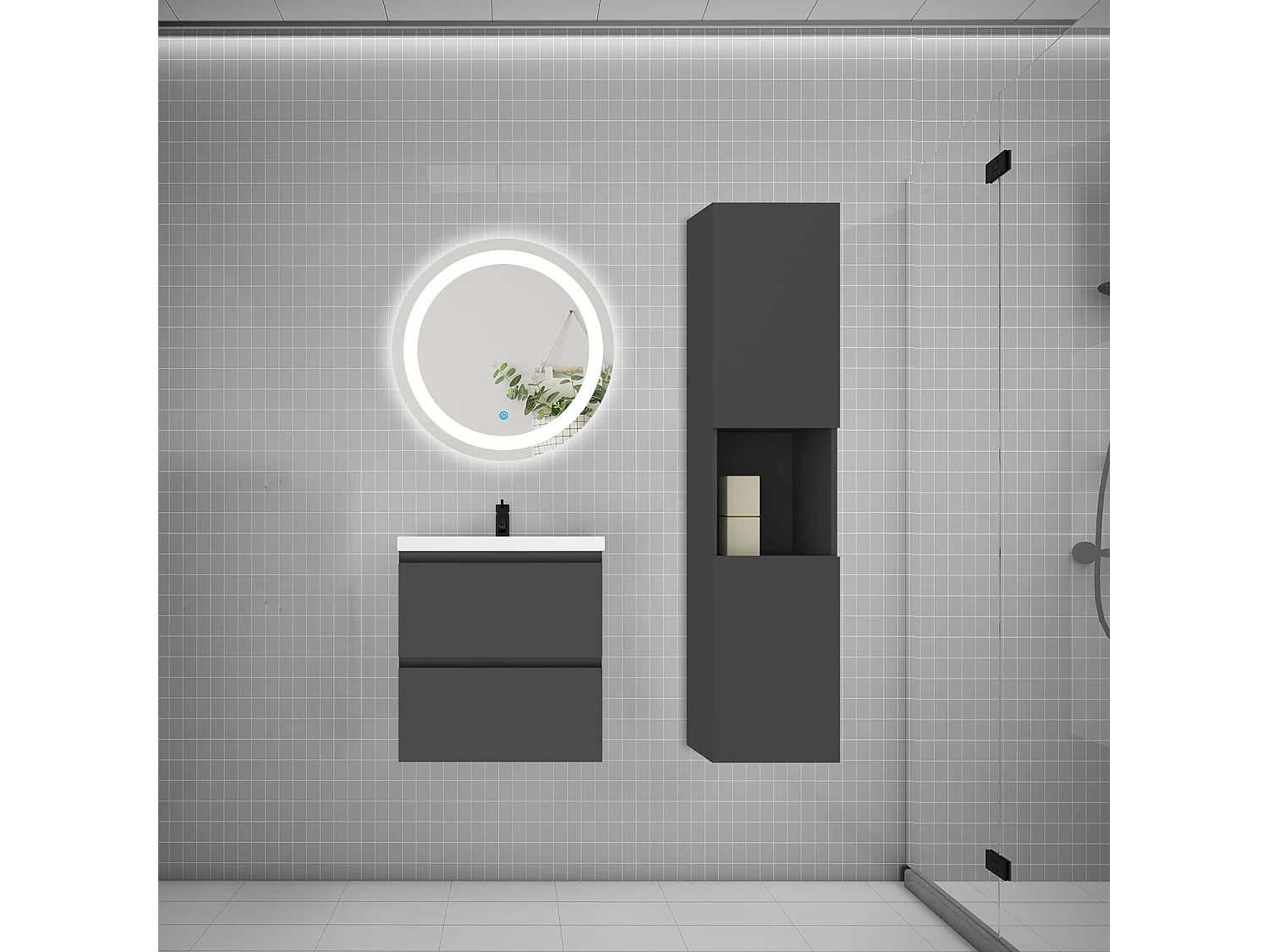AICA Ensemble meuble vasque L.50cm 2 tiroirs + lavabo + LED miroir rond 60cm + colonne,anthracite,easy