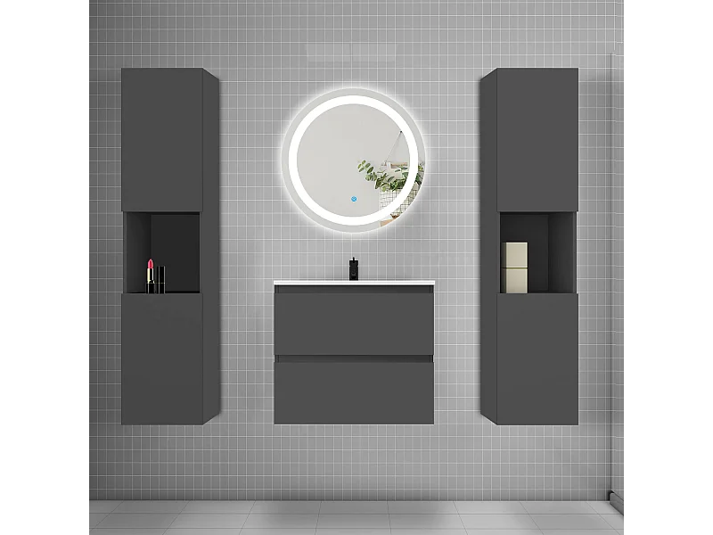 AICA Ensemble meuble de salle de bain Vasque 50cm + 2 tiroirs + lavabo + LED Miroir Rond 60cm + 2*Colonne, Anthracite