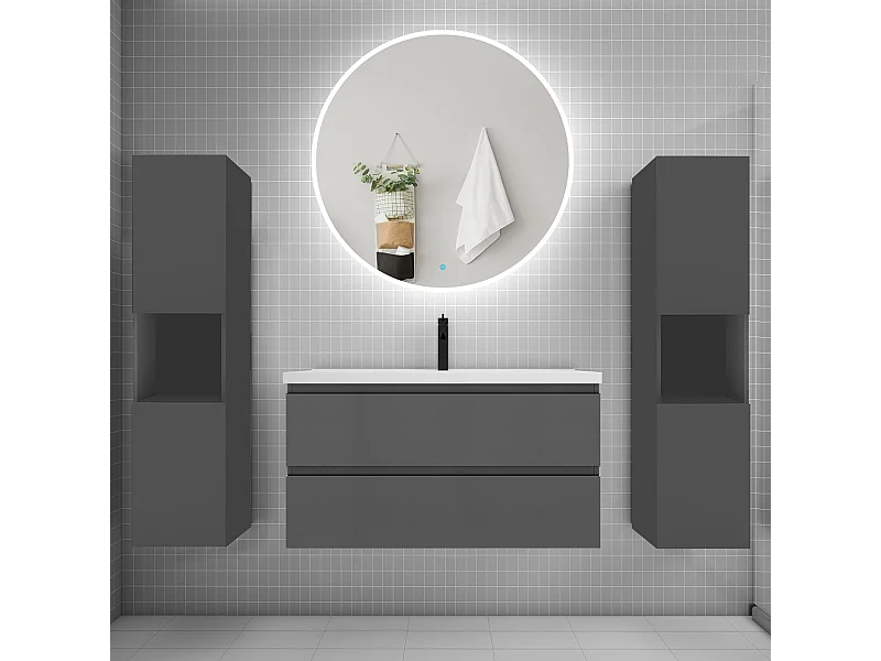 AICA Ensemble meuble de salle de bain Vasque L.99cm 2 tiroirs + lavabo + LED Miroir Rond 100cm + 2*Colonne, Anthracite