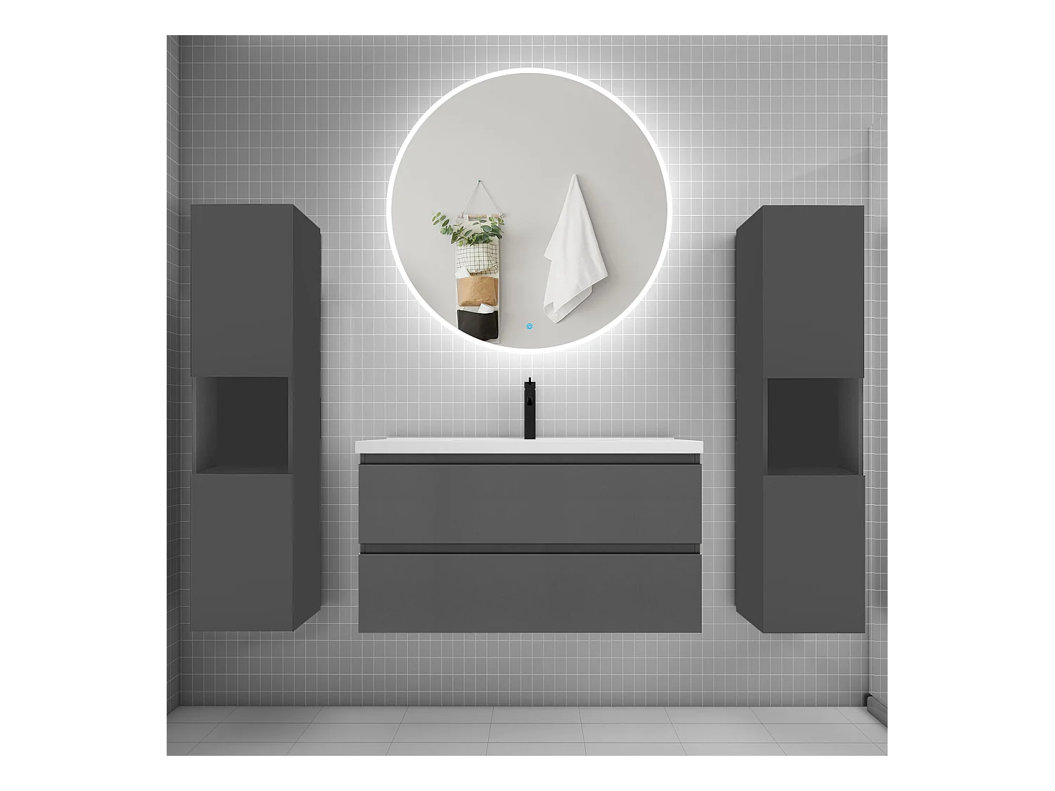 AICA Ensemble meuble de salle de bain Vasque L.99cm 2 tiroirs + lavabo + LED Miroir Rond 100cm + 2*Colonne, Anthracite