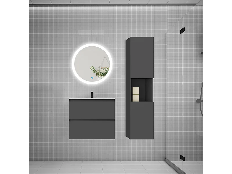 AICA Ensemble meuble de salle de bain Vasque 60cm avec 2 tiroirs + lavabo + LED Miroir Rond 60cm + Colonne, Anthracite