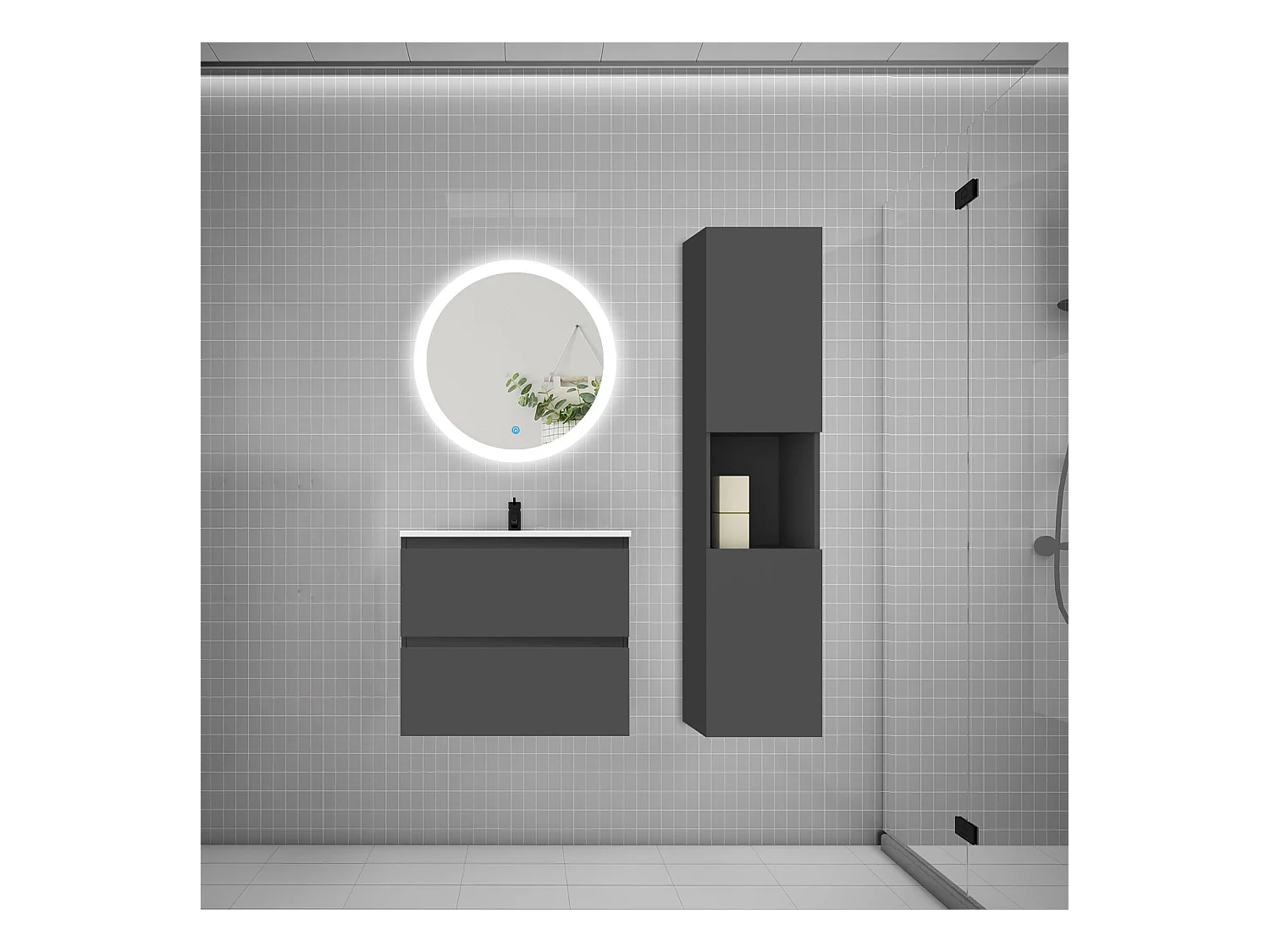 AICA Ensemble meuble de salle de bain Vasque 60cm avec 2 tiroirs + lavabo + LED Miroir Rond 60cm + Colonne, Anthracite