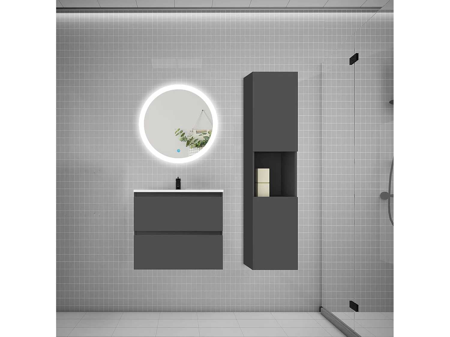 AICA Ensemble meuble vasque L.60cm 2 tiroirs + lavabo + LED miroir rond 60cm + colonne,anthracite，design