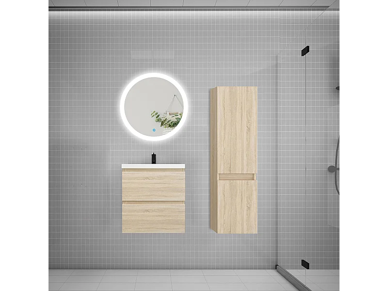 AICA Ensemble meuble de salle de bain Vasque L.50cm 2 tiroirs + lavabo + LED Miroir Rond 60cm + Colonne, Anthracite