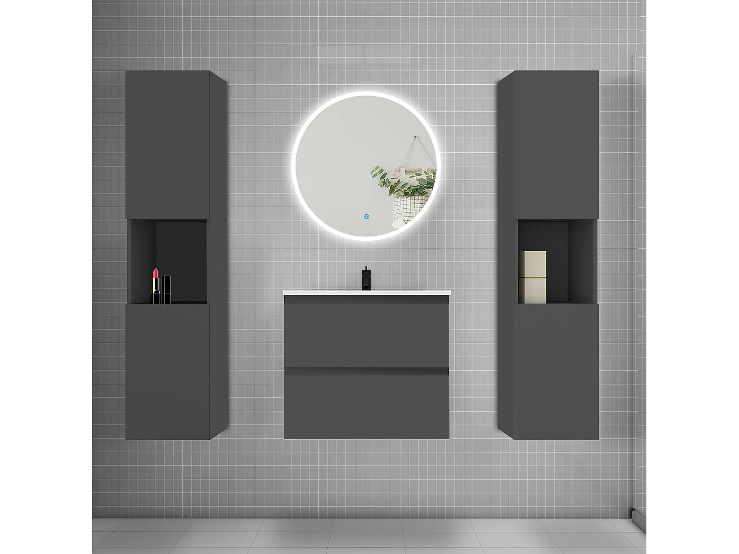 AICA Ensemble meuble de salle de bain Vasque L.50cm 2 tiroirs + lavabo + LED Miroir Rond 60cm + 2*Colonne, Anthracite
