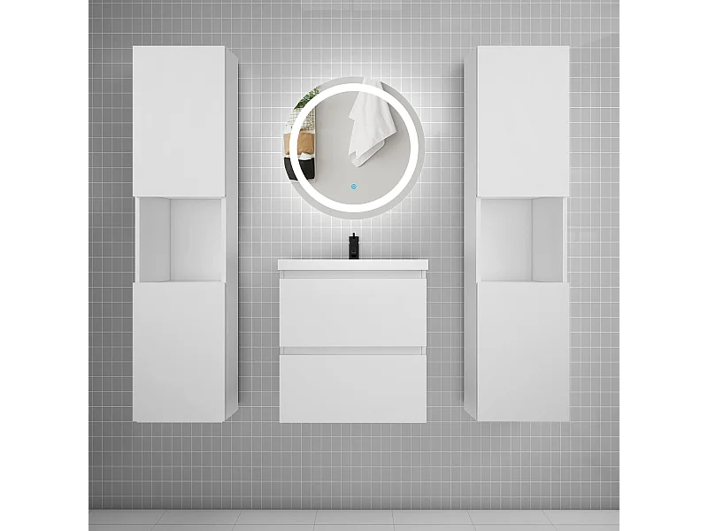 AICA Ensemble meuble de salle de bain Vasque 50cm avec 2 tiroirs + lavabo + LED Miroir Rond 60cm + 2*Colonne,Anthracite