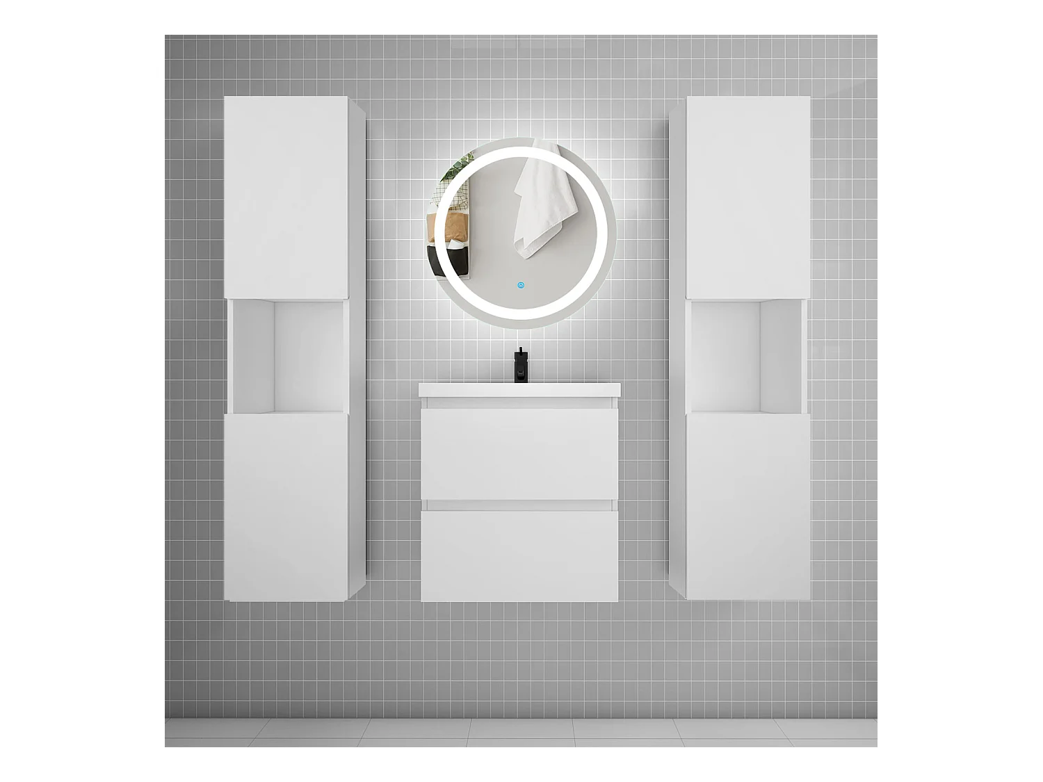 AICA Ensemble meuble de salle de bain Vasque 50cm avec 2 tiroirs + lavabo + LED Miroir Rond 60cm + 2*Colonne,Anthracite