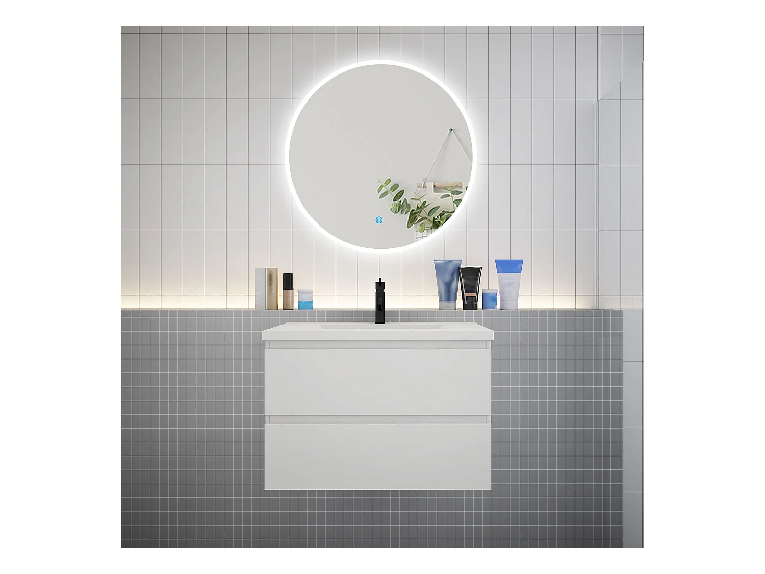 AICA Ensemble meuble de salle de bain Vasque L.79cm 2 tiroirs + lavabo + LED Miroir Rond 80cm,Blanc
