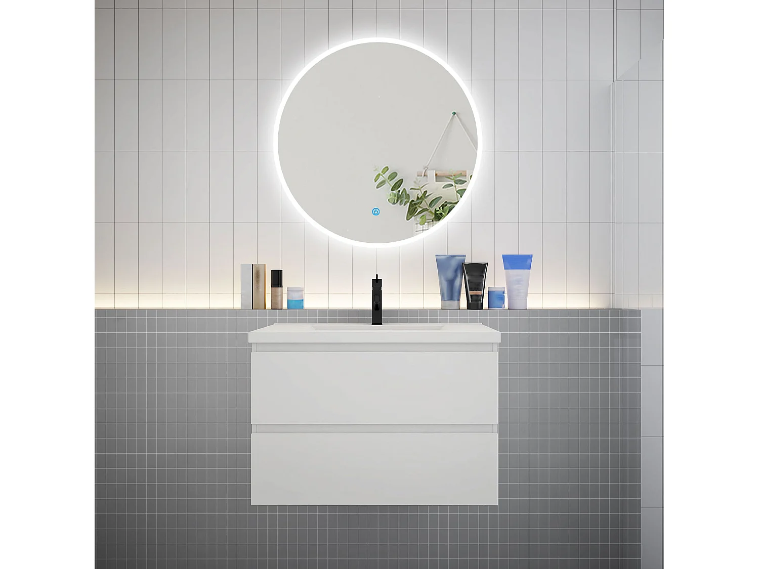 Ensemble meuble vasque L.79cm 2 tiroirs + lavabo + LED miroir rond 80cm,blanc