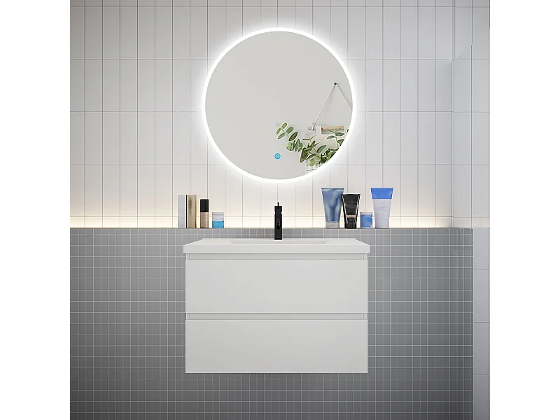 Ensemble meuble vasque L.79cm 2 tiroirs + lavabo + LED miroir rond 80cm,blanc