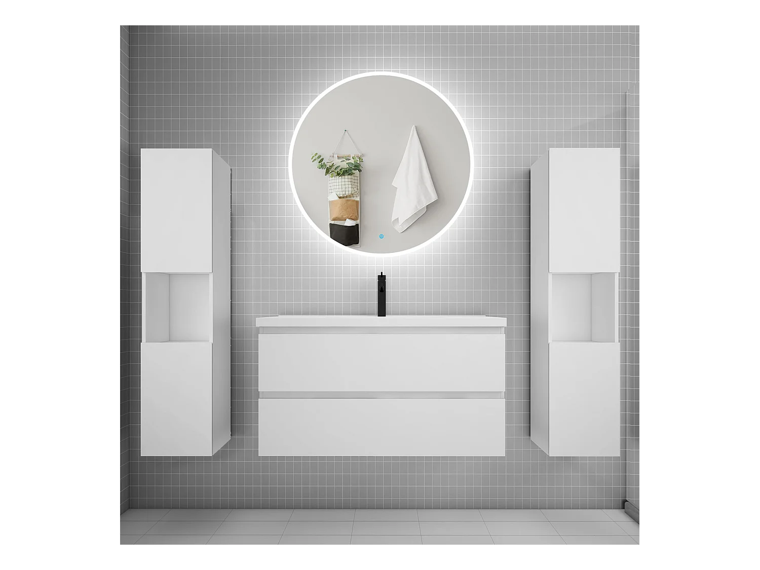 AICA Ensemble meuble de salle de bain Vasque L.99cm 2 tiroirs + lavabo + LED Miroir Rond 90cm + 2*Colonne,Blanc