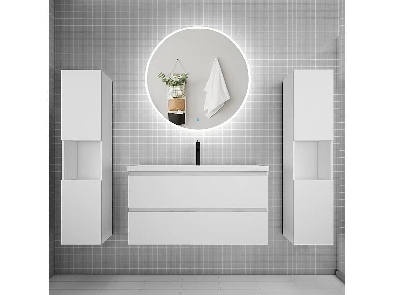 Ensemble meuble vasque L.99cm 2 tiroirs + lavabo + LED miroir rond 90cm + 2*colonne,blanc A
