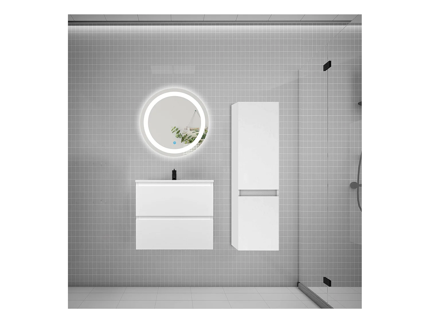 AICA Ensemble meuble de salle de bain Vasque 60cm + 2 tiroirs + lavabo + LED Miroir Rond 60cm + Colonne,Blanc