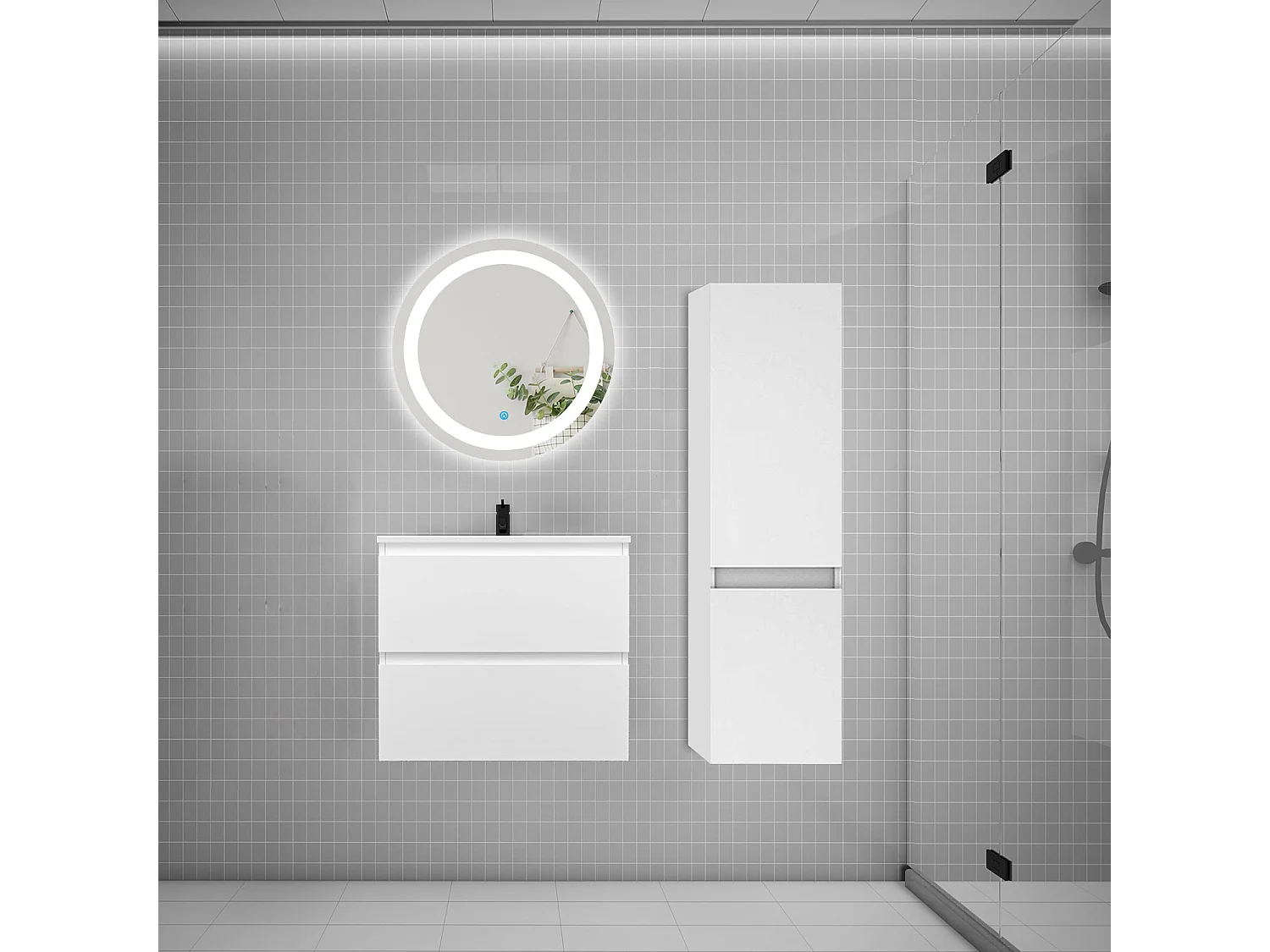 Ensemble meuble vasque L.60cm 2 tiroirs + lavabo + LED miroir rond 60cm + colonne,blanc easy