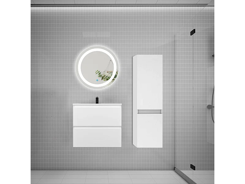 Ensemble meuble vasque L.60cm 2 tiroirs + lavabo + LED miroir rond 60cm + colonne,blanc easy