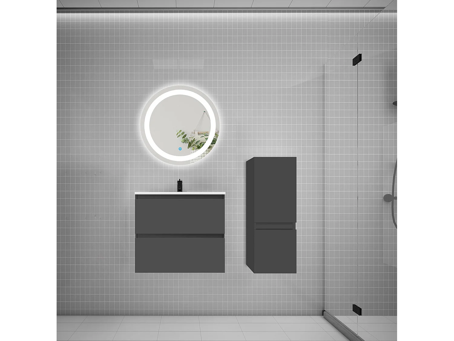 Ensemble meuble vasque L.60cm 2 tiroirs + lavabo + LED miroir rond 60cm + colonne,anthracite meuble