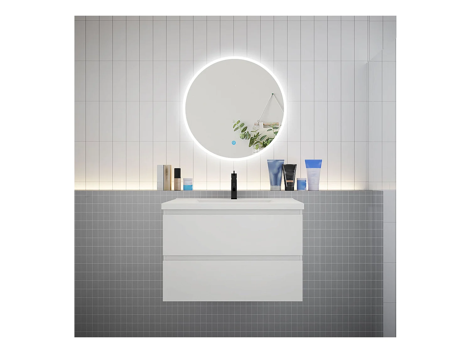 AICA Ensemble meuble de salle de bain Vasque L.79cm 2 tiroirs + lavabo + LED Miroir Rond 70cm,Blanc