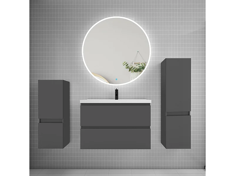 Ensemble meuble vasque L.79cm 2 tiroirs + lavabo + LED miroir rond 90cm + 2*colonne,anthracite