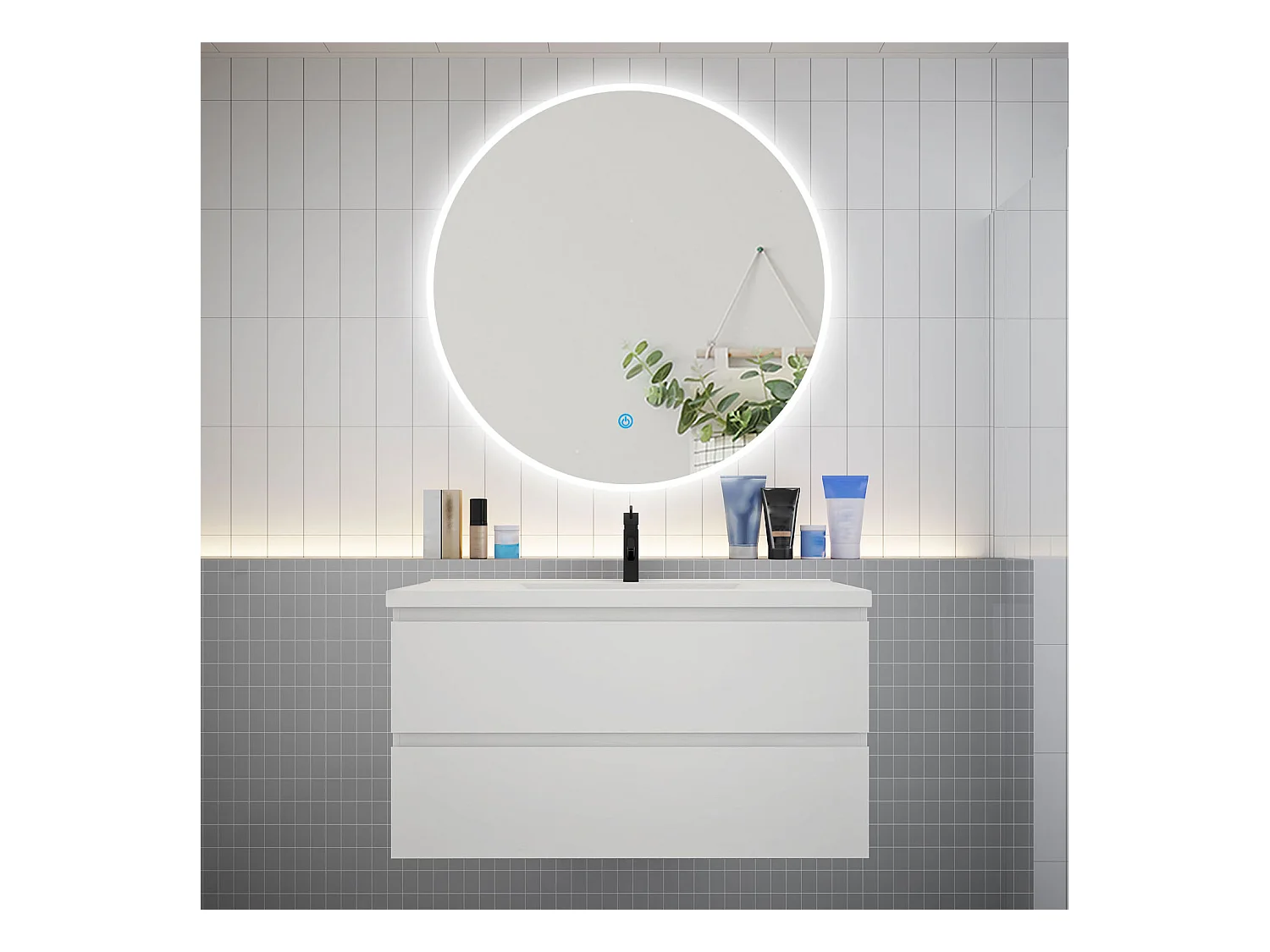 AICA Ensemble meuble de salle de bain Vasque L.99cm 2 tiroirs + lavabo + LED Miroir Rond 100cm,Blanc