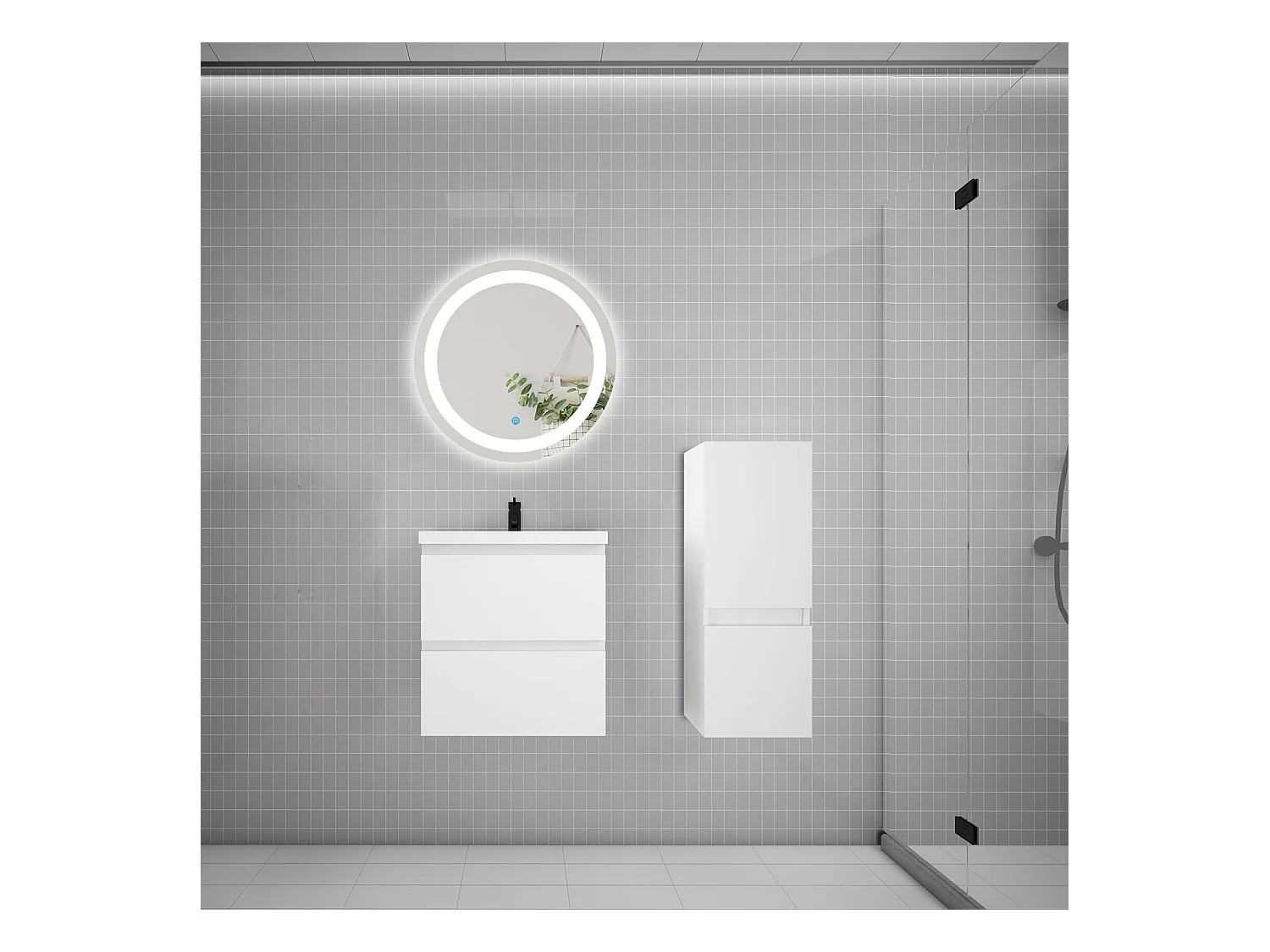 AICA Ensemble meuble de salle de bain Vasque 50cm avec 2 tiroirs + lavabo + LED Miroir Rond 60cm + Colonne,Chêne