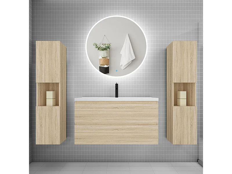 AICA Ensemble meuble de salle de bain Vasque L.99cm 2 tiroirs + lavabo + LED Miroir Rond 90cm + 2*Colonne, Chêne