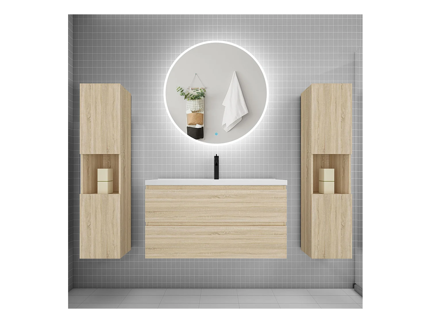 AICA Ensemble meuble de salle de bain Vasque L.99cm 2 tiroirs + lavabo + LED Miroir Rond 90cm + 2*Colonne, Chêne