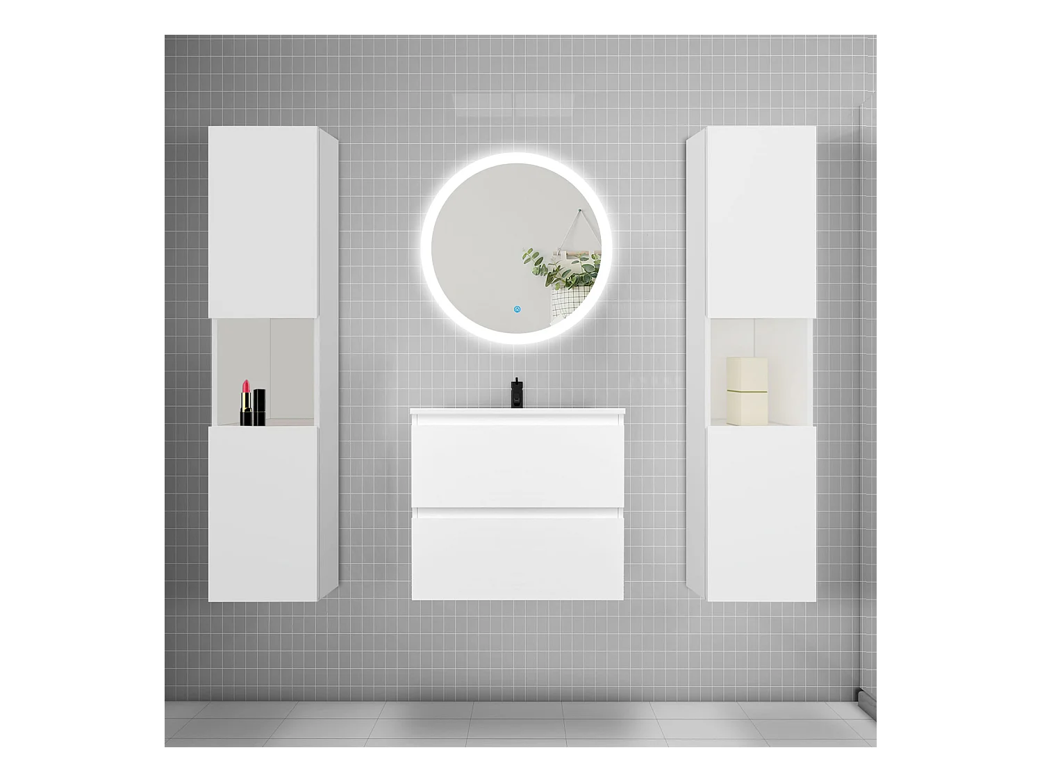 AICA Ensemble meuble de salle de bain Vasque 60cm avec 2 tiroirs + lavabo + LED Miroir Rond 60cm + 2*Colonne,Blanc