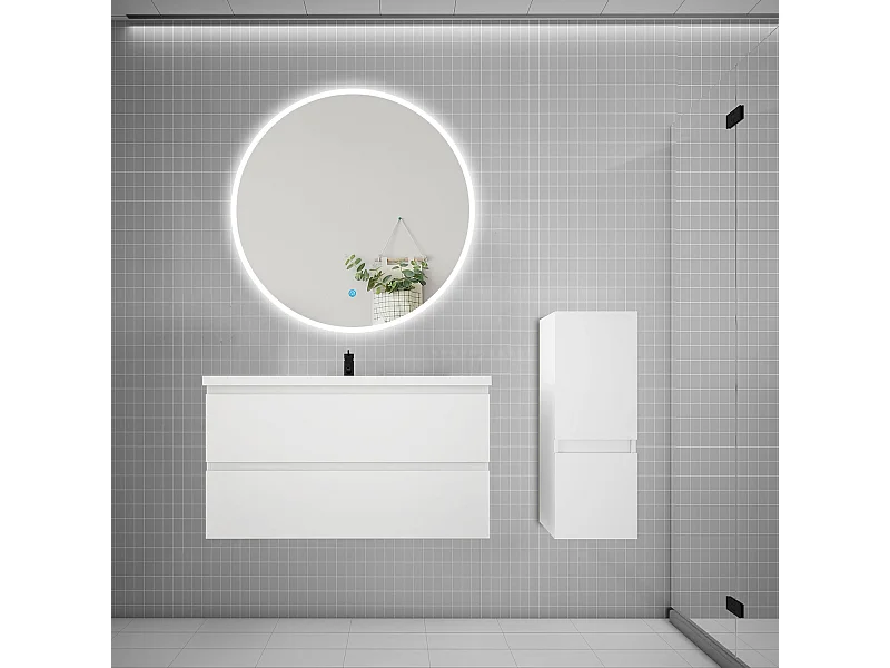 AICA Ensemble meuble de salle de bain Vasque L.99cm 2 tiroirs + lavabo + LED Miroir Rond 100cm + Colonne,Blanc