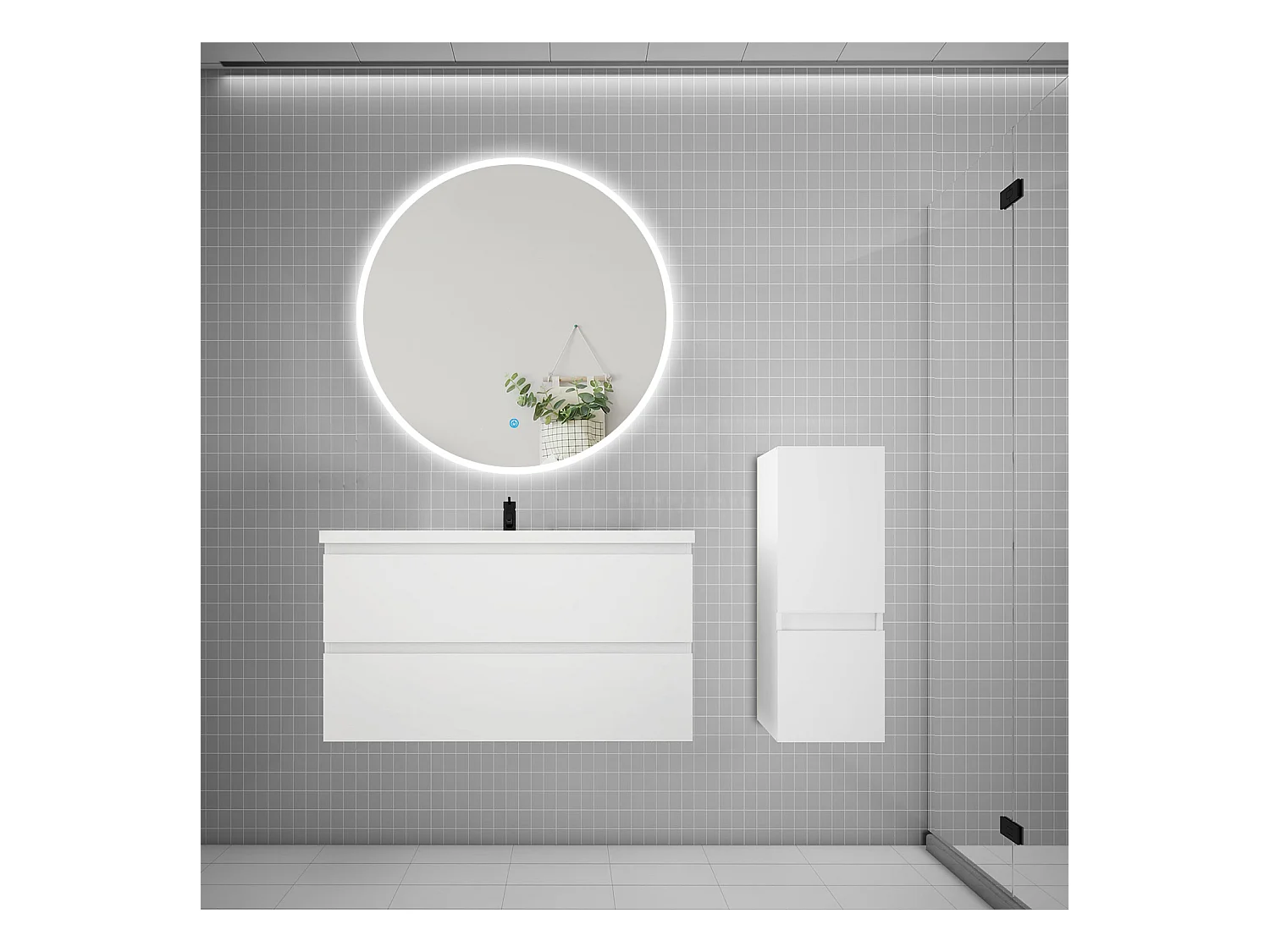 AICA Ensemble meuble de salle de bain Vasque L.99cm 2 tiroirs + lavabo + LED Miroir Rond 100cm + Colonne,Blanc