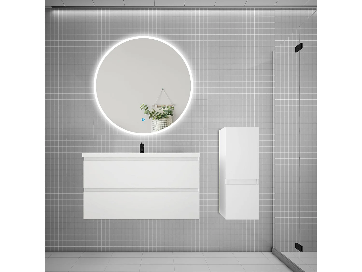 Ensemble meuble vasque L.99cm 2 tiroirs + lavabo + LED miroir rond 100cm + colonne,blanc
