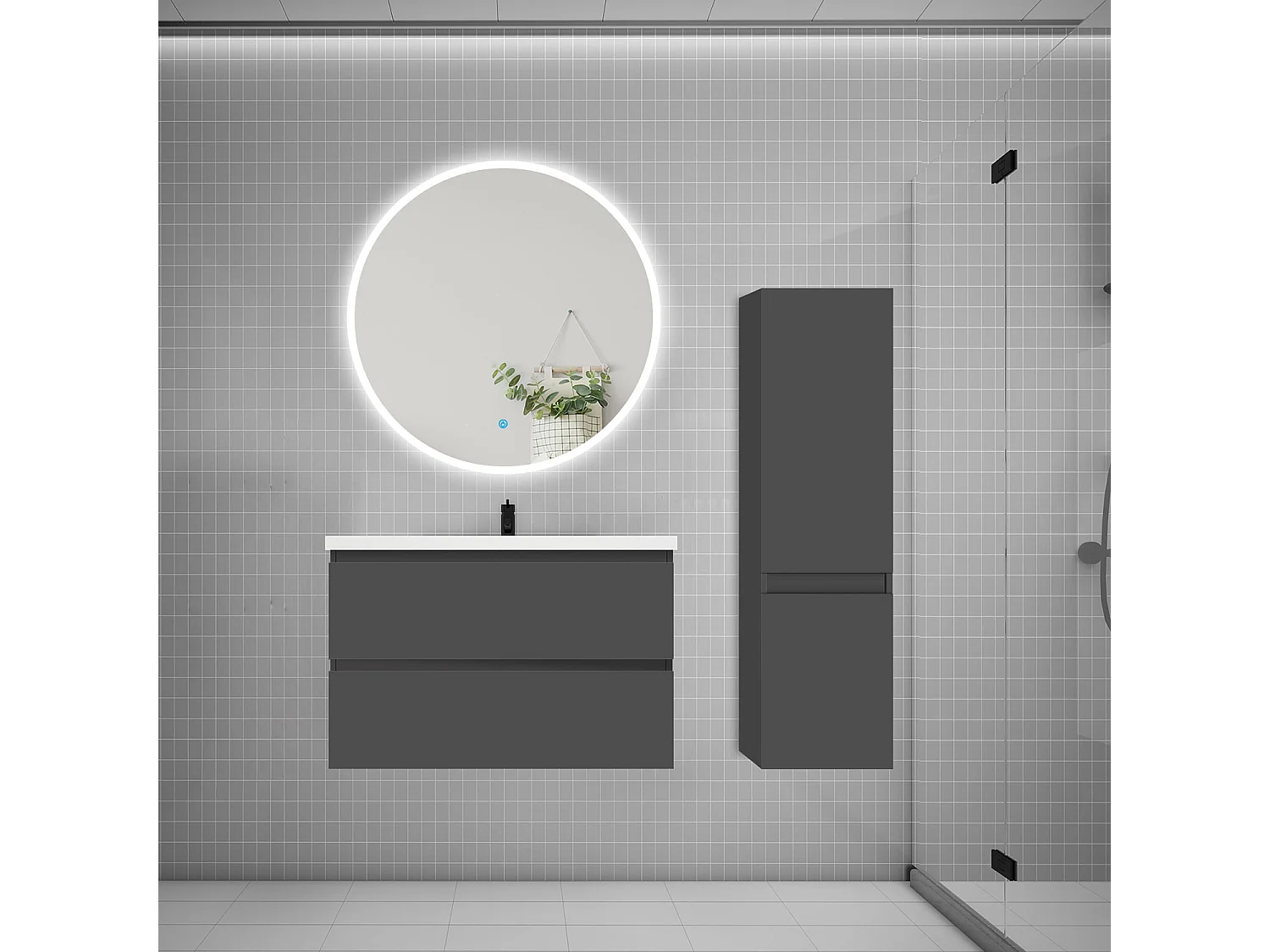 Ensemble meuble vasque L.79cm 2 tiroirs + lavabo + LED miroir rond 90cm + colonne B,anthracite