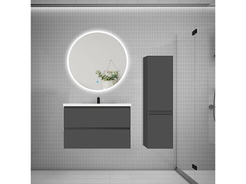 Ensemble meuble vasque L.79cm 2 tiroirs + lavabo + LED miroir rond 90cm + colonne B,anthracite