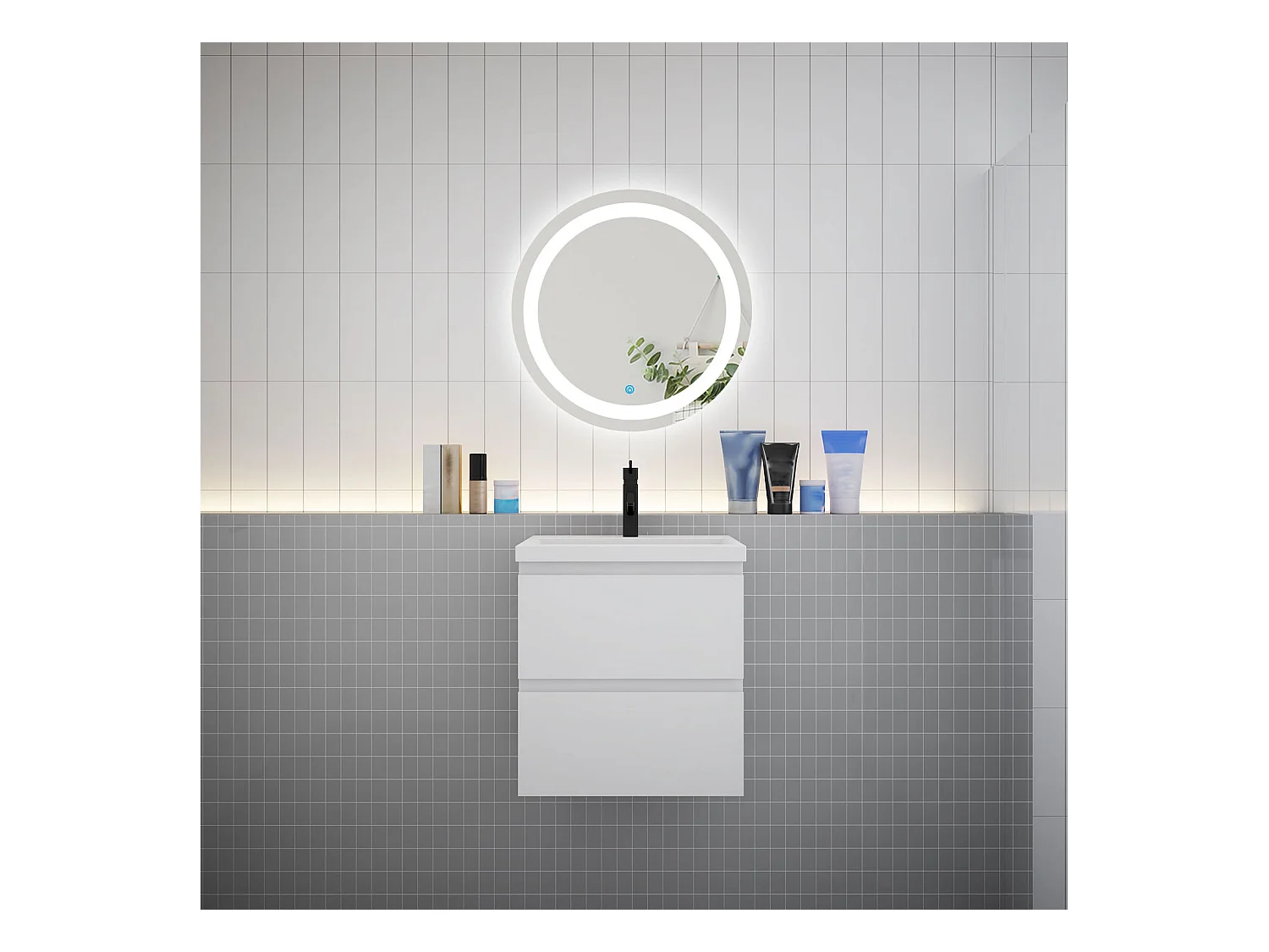 AICA Ensemble meuble de salle de bain Vasque 50cm avec 2 tiroirs + lavabo + LED Miroir Rond 60cm,Blanc
