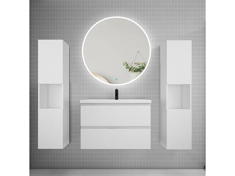 AICA Ensemble meuble de salle de bain Vasque L.79cm 2 tiroirs + lavabo + LED Miroir Rond 90cm + 2*Colonne,Blanc