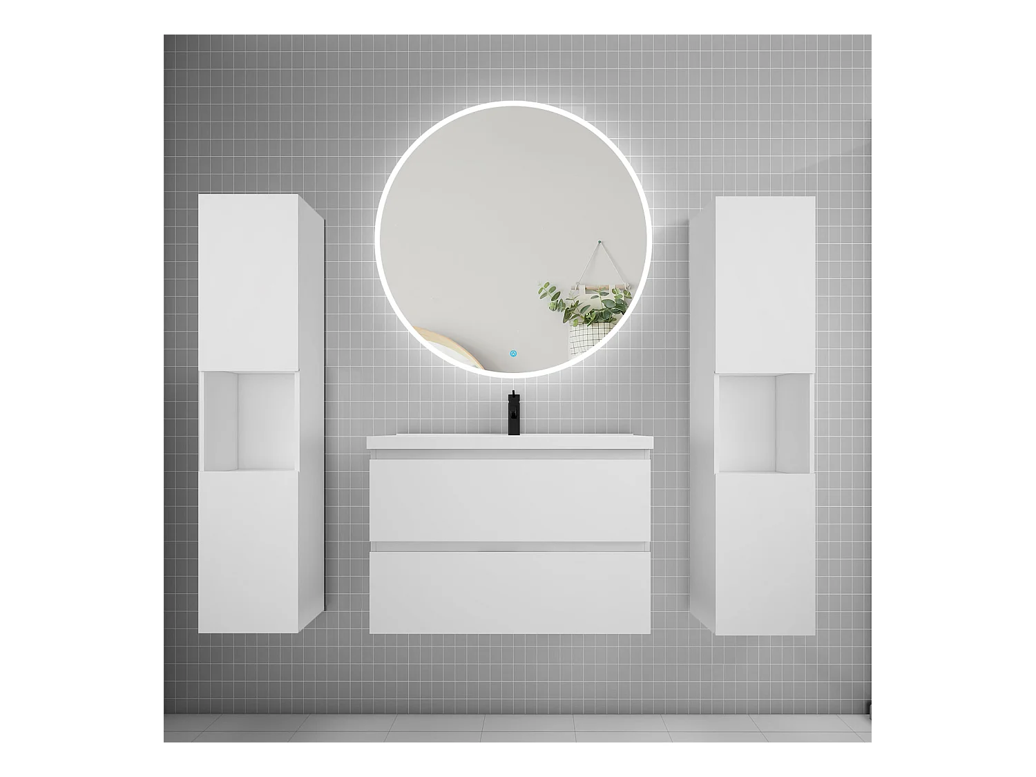 AICA Ensemble meuble de salle de bain Vasque L.79cm 2 tiroirs + lavabo + LED Miroir Rond 90cm + 2*Colonne,Blanc