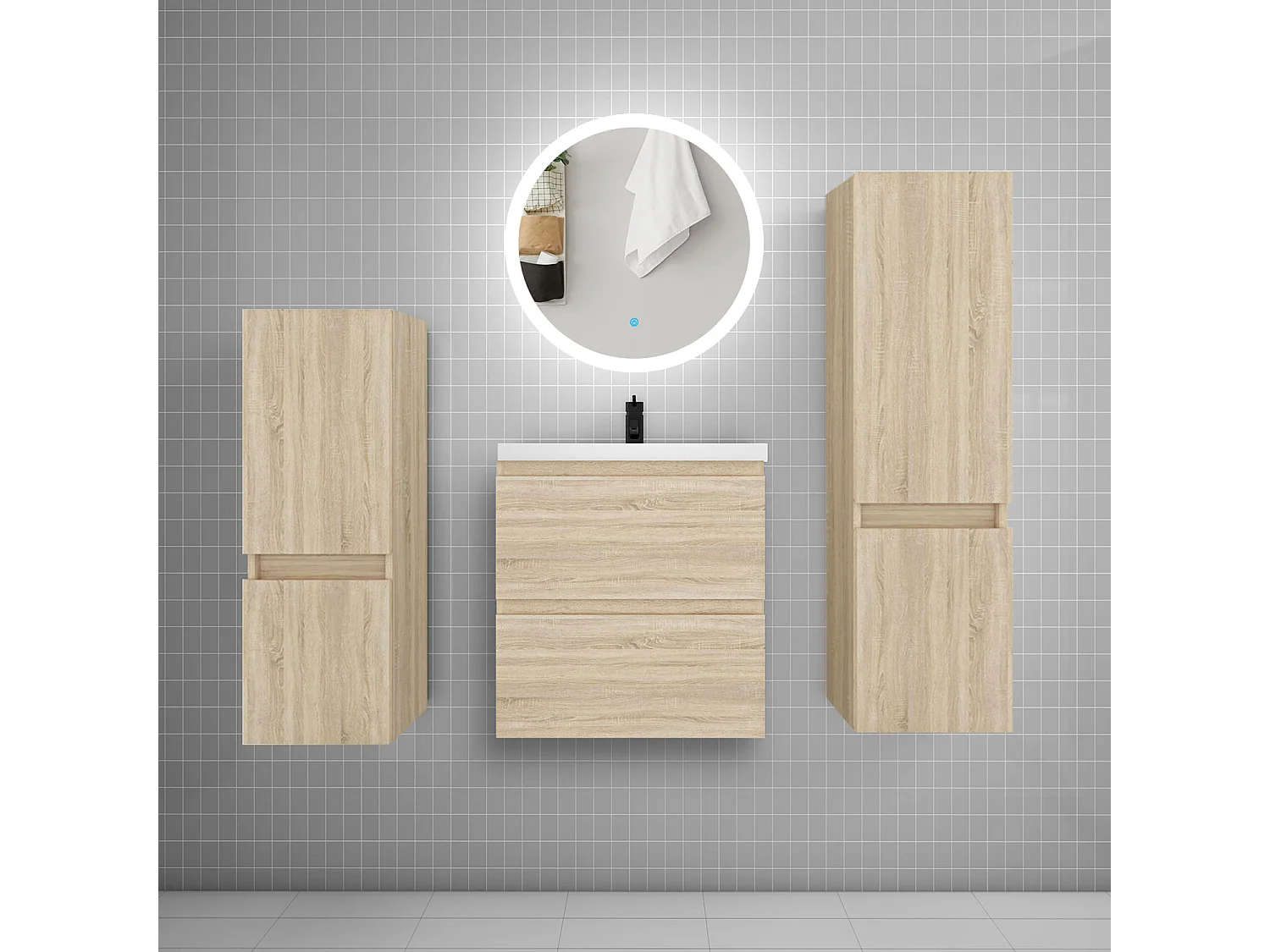 Ensemble meuble vasque L.50cm 2 tiroirs + lavabo + LED miroir 60cm + 2*colonne,chêne
