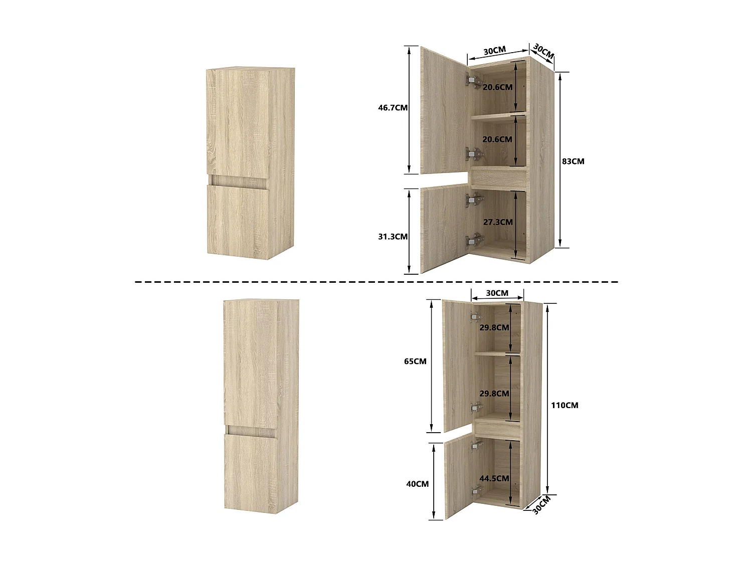 Ensemble meuble vasque L.50cm 2 tiroirs + lavabo + LED miroir 60cm + 2*colonne,chêne