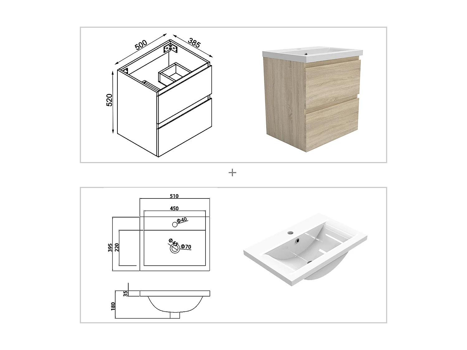 Ensemble meuble vasque L.50cm 2 tiroirs + lavabo + LED miroir 60cm + 2*colonne,chêne