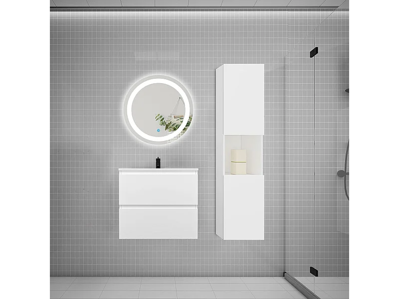 AICA Ensemble meuble de salle de bain Vasque 60cm + 2 tiroirs + lavabo + LED Miroir Rond 60cm + Colonne,Blanc