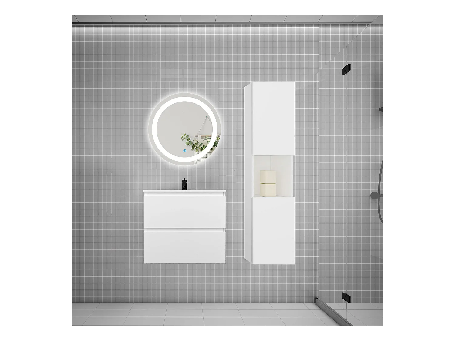 AICA Ensemble meuble de salle de bain Vasque 60cm + 2 tiroirs + lavabo + LED Miroir Rond 60cm + Colonne,Blanc
