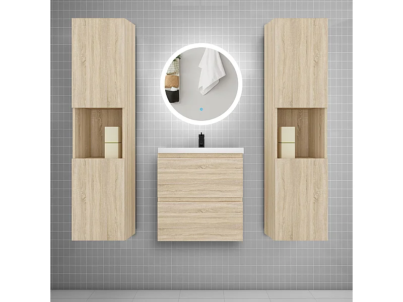 AICA Ensemble meuble de salle de bain Vasque 50cm + 2 tiroirs + lavabo + LED Miroir Rond 60cm + 2*Colonne, Anthracite