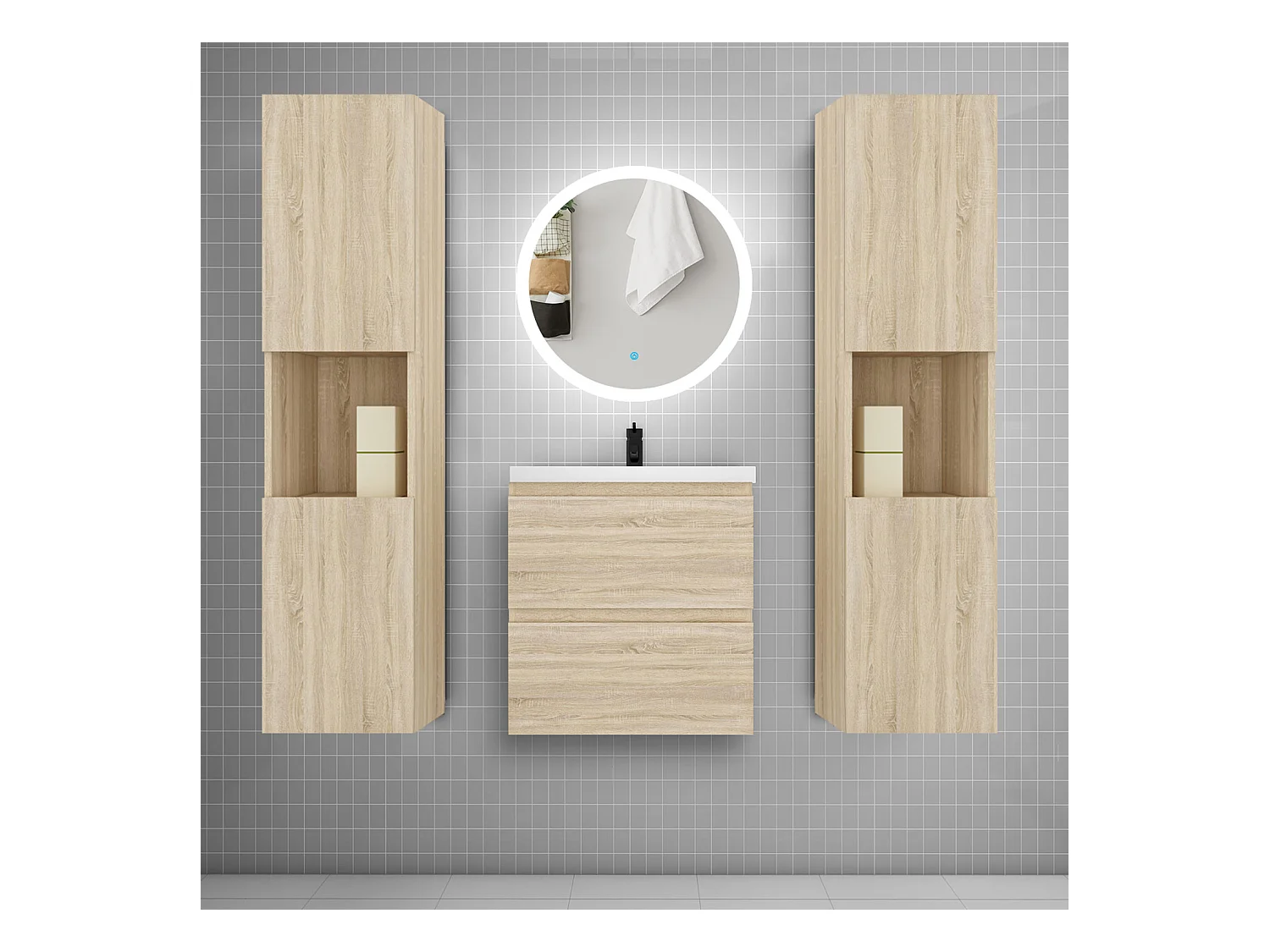 AICA Ensemble meuble de salle de bain Vasque 50cm + 2 tiroirs + lavabo + LED Miroir Rond 60cm + 2*Colonne, Anthracite