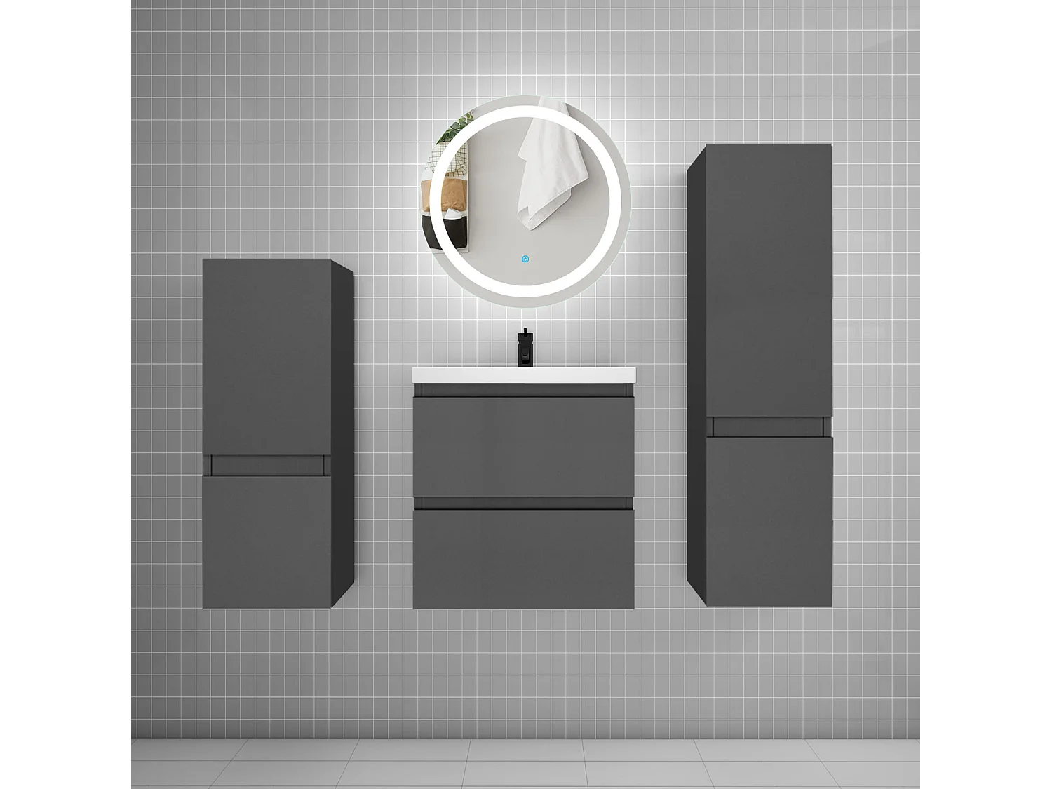Ensemble meuble vasque L.50cm 2 tiroirs + lavabo + LED miroir 60cm + 2*colonne,anthracite B