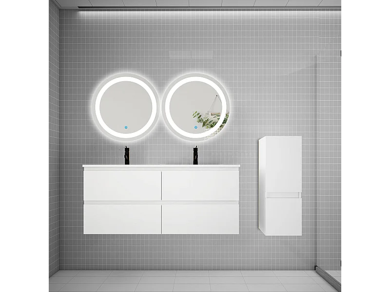 AICA Ensemble meuble de salle de bain double Vasque 120cm + 4 tiroirs + lavabo + 2*LED Miroirs Rond 60cm + Colonne,Blanc