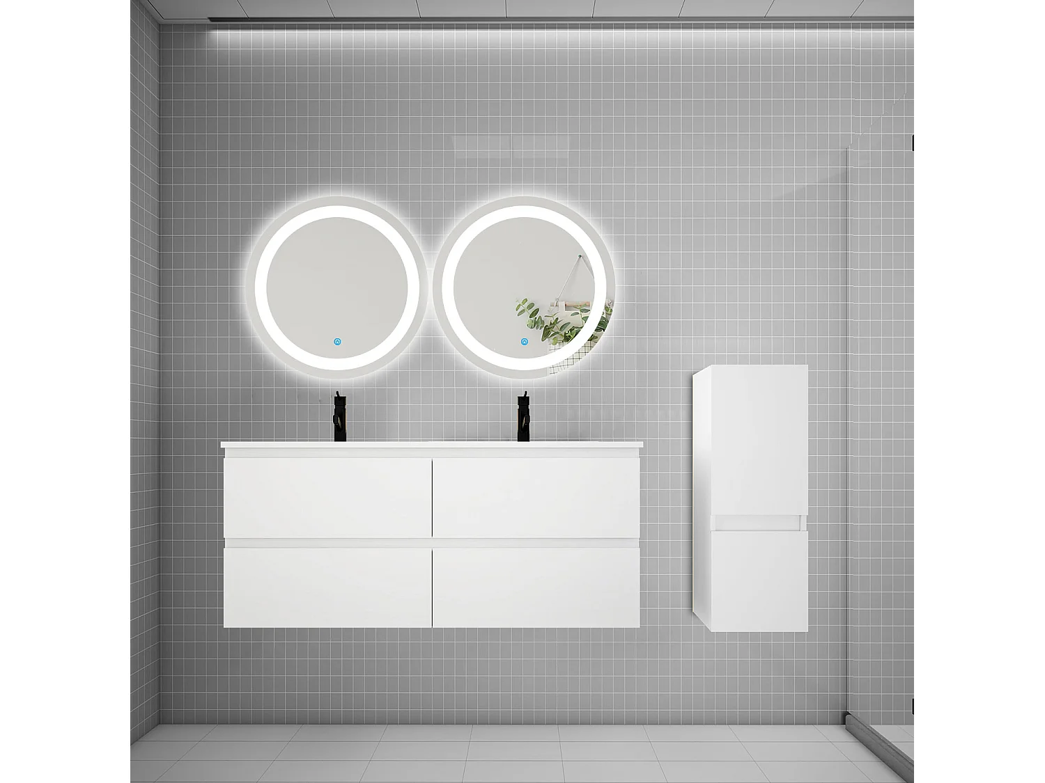 Ensemble meuble double vasque L.120cm 4 tiroirs + lavabo + 2 LED miroirs rond 60cm + colonne,blanc easy